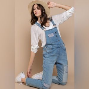 POL Front Chest Zipper Slim Leg Denim Overalls